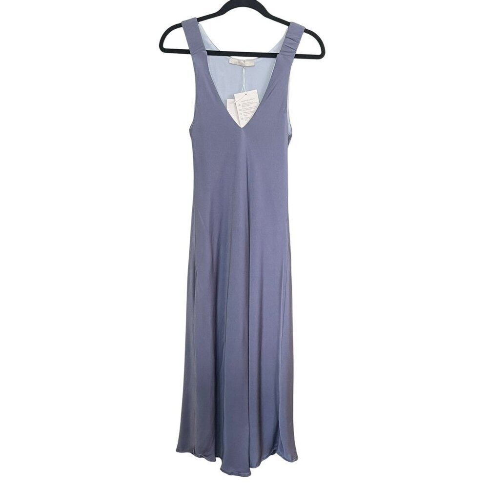 Silk95five Washable Silk V Neck Gray Sleeveless Midi Sheath Dress Small NWT